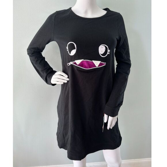 NWT Cat & Jack Black Monster Face Zipper Mouth Long Sleeve Dress size Girls XL - Picture 1 of 6